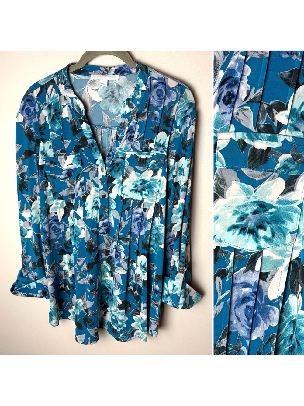 Juniper + Lime Top Size Medium Blue Teal Floral Tunic 3/4 Roll-Tab Sleeves